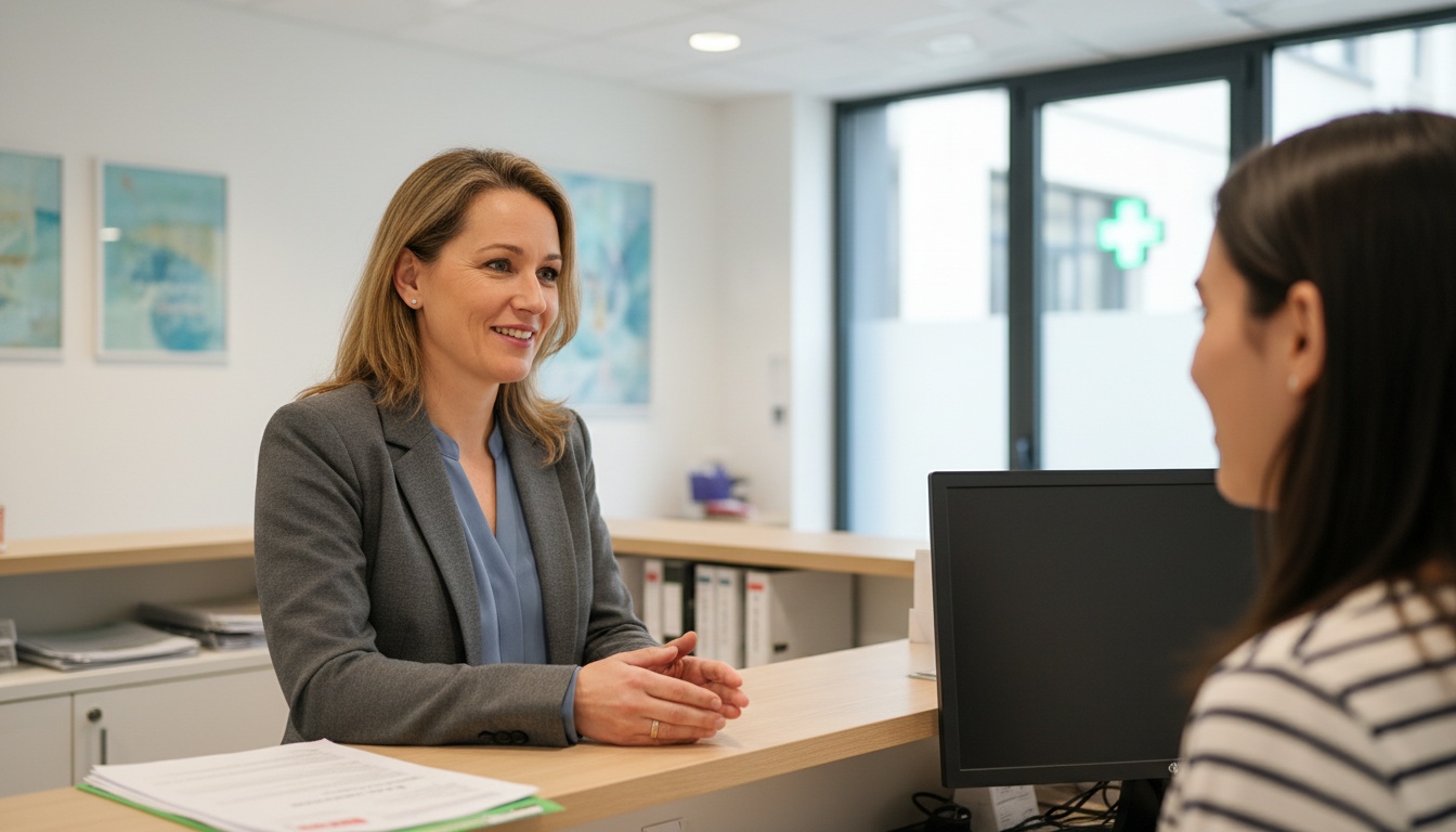Une secrétaire médicale accueillant chaleureusement un patient